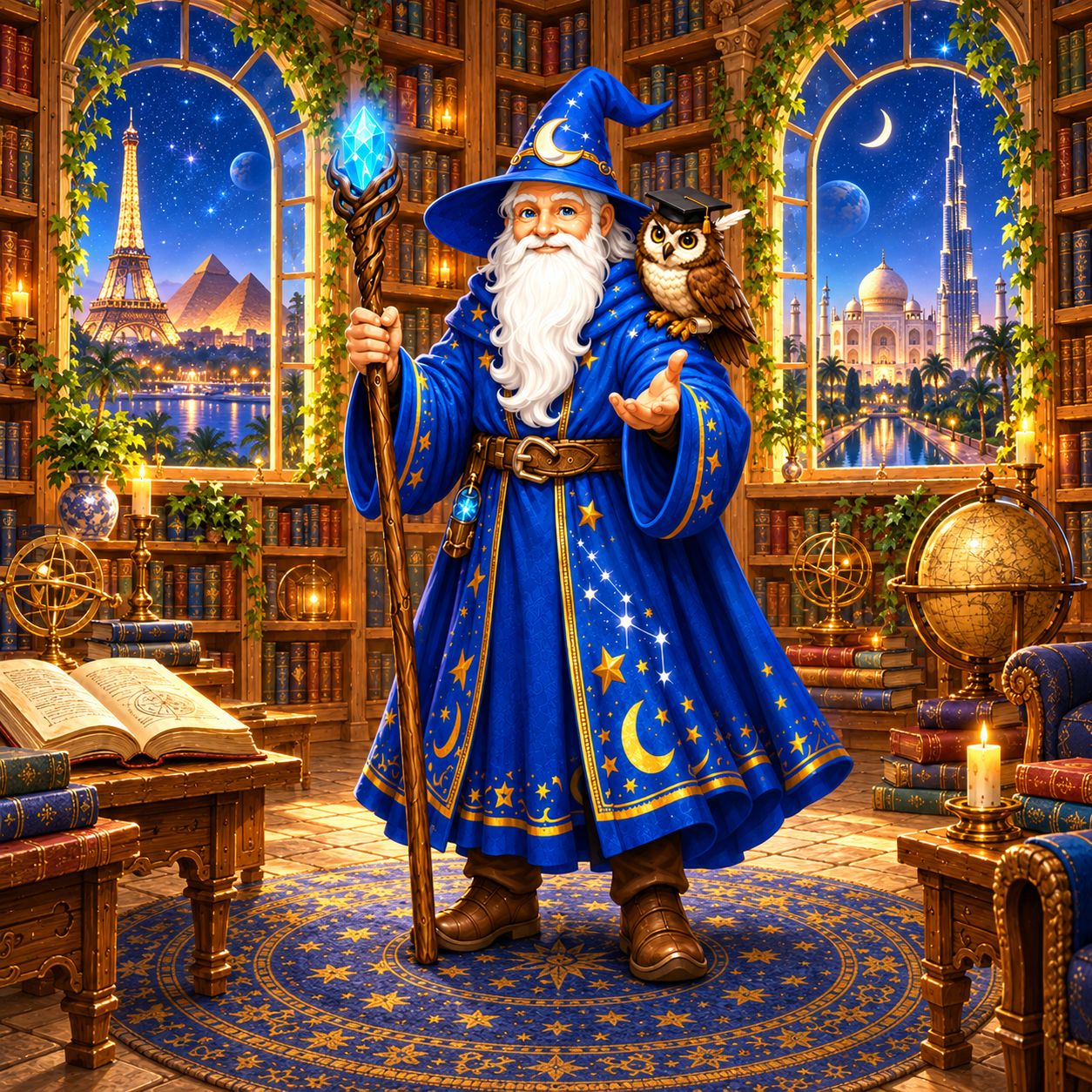 Merlin the wizard and Wizzy the owl in a magical library